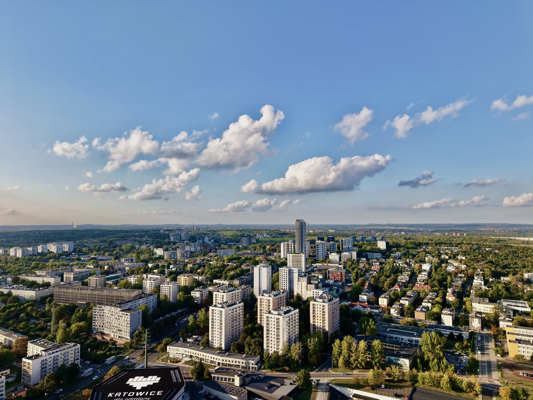 Panorama miasta z wysokimi budynkami otoczonymi niższą zabudową i drzewami.